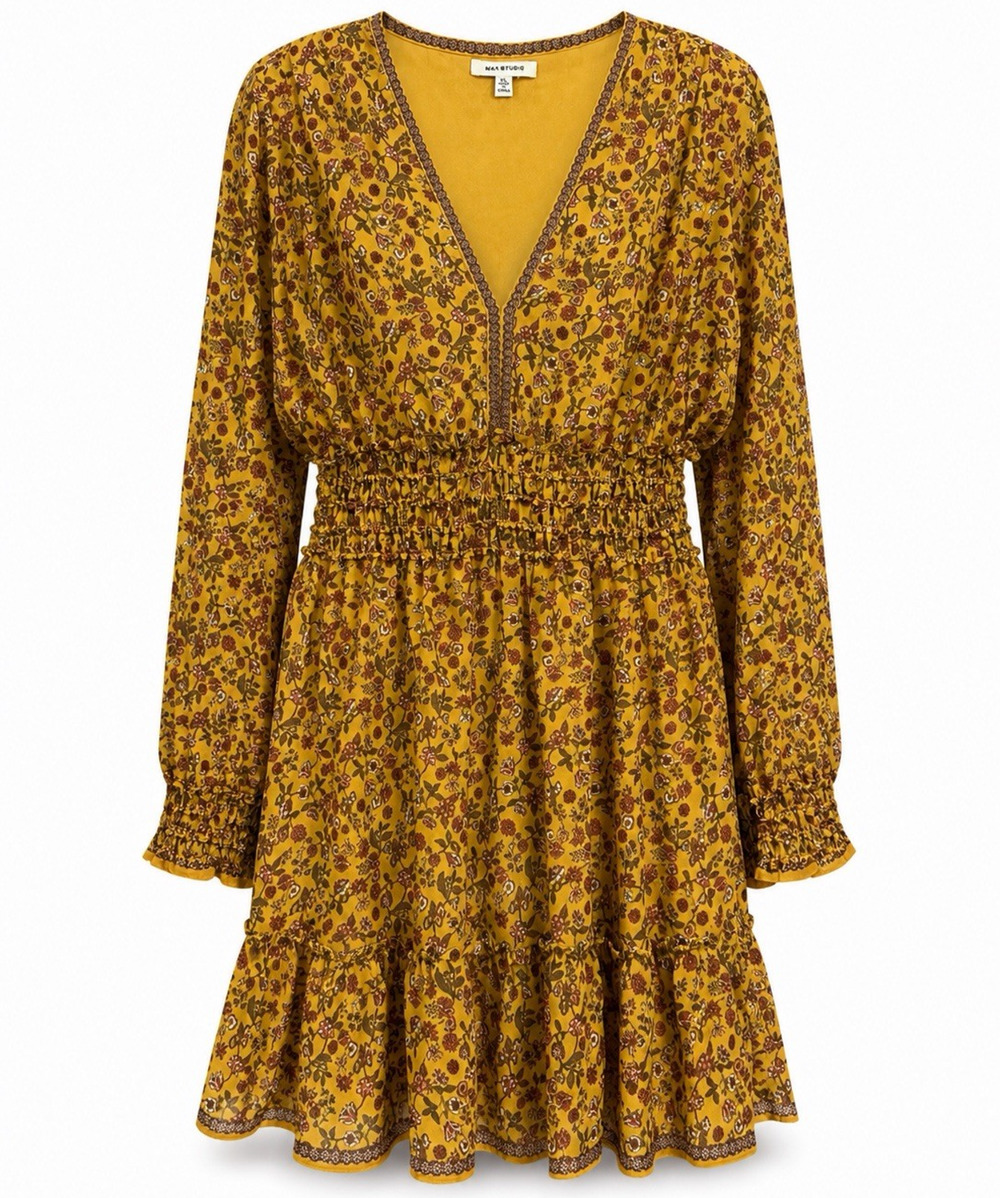Womens XL Max Studio Floral Smocked Waist Boho Mini Dress Mustard Yellow Ruffles
